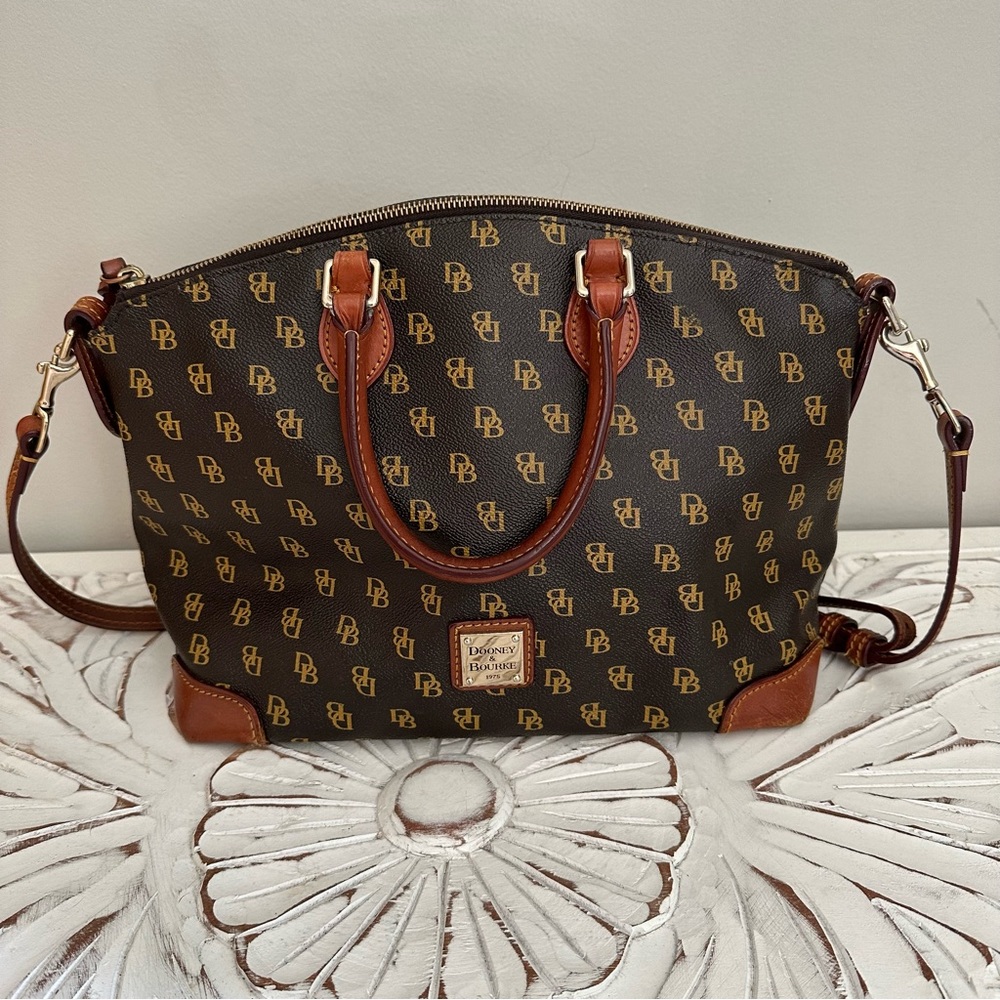 Dooney & Bourke Brown Monogram Satchel with Tan Leather Trim